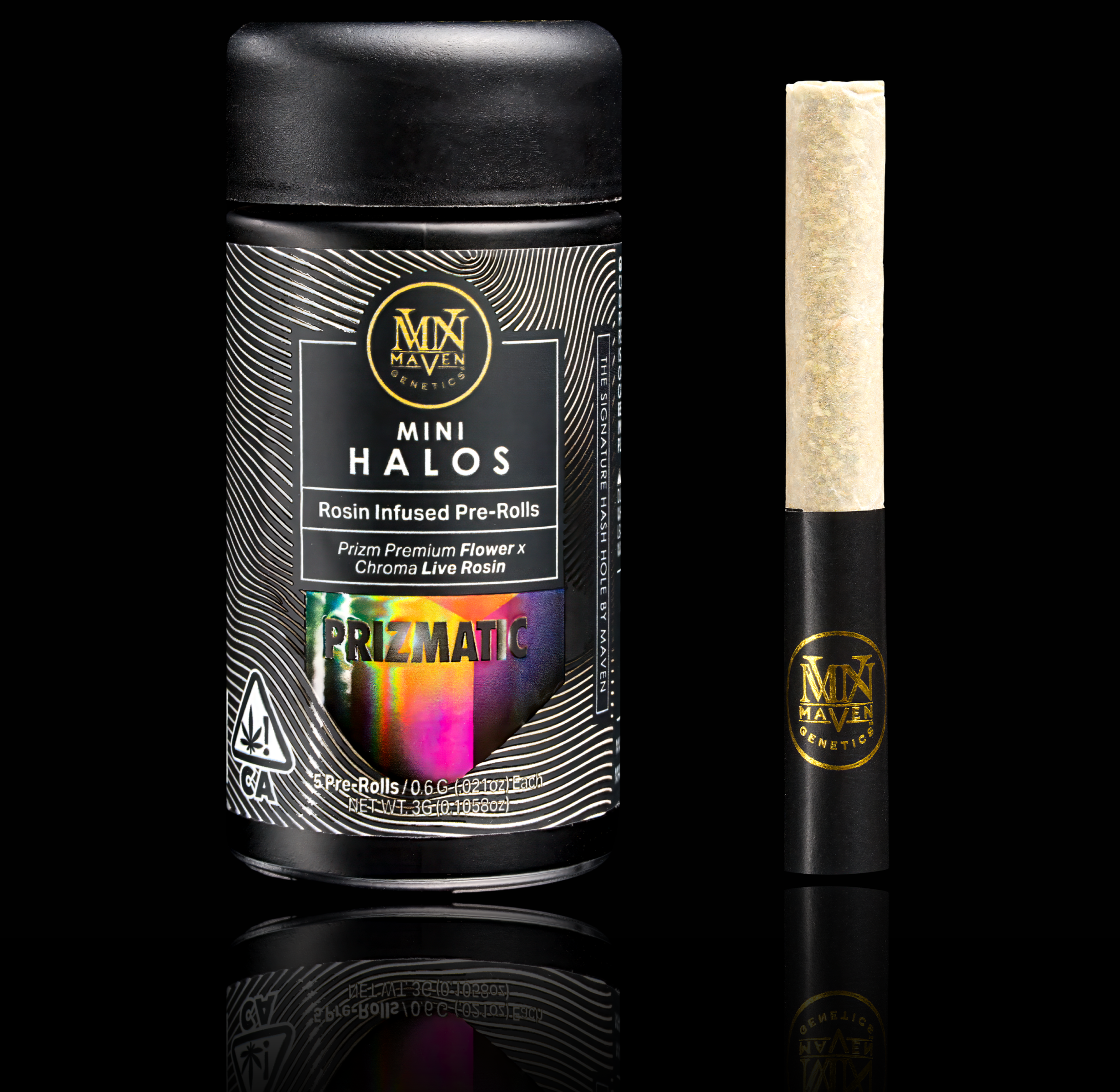 A container of Mini Halos Rosin Infused Pre-Rolls and a single pre-roll standing vertically, both branded with Maven Genetics, against a black background.
