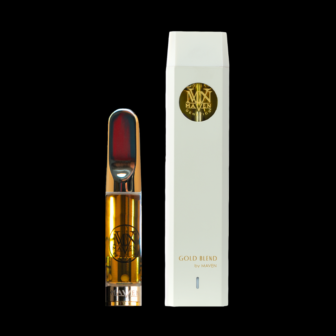 Maven 'Gold Blend' vaporizors, both a 510-thread universal cartridge and an all-in-one disposable version.