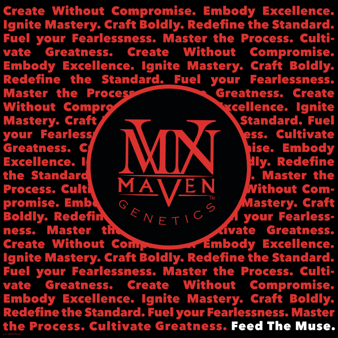 Close-up of a black and red graphic design featuring a central circular logo with the words "Maven Genetix" and a background filled with motivational text in red, repeating phrases like "Create Without Compromise," "Ignite Mastery," "Fuel your Fearlessness," and others, with the phrase "Feed The Muse" in white at the bottom.
