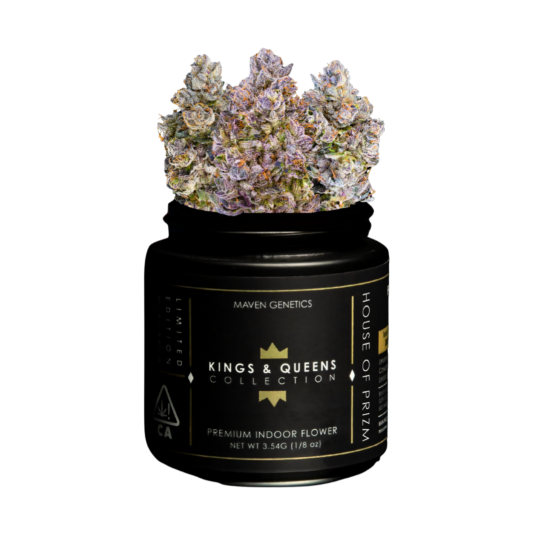 Overflowing cannabis buds in black eighth jar labeled 'Kings & Queens Collection' by Maven Genetics.