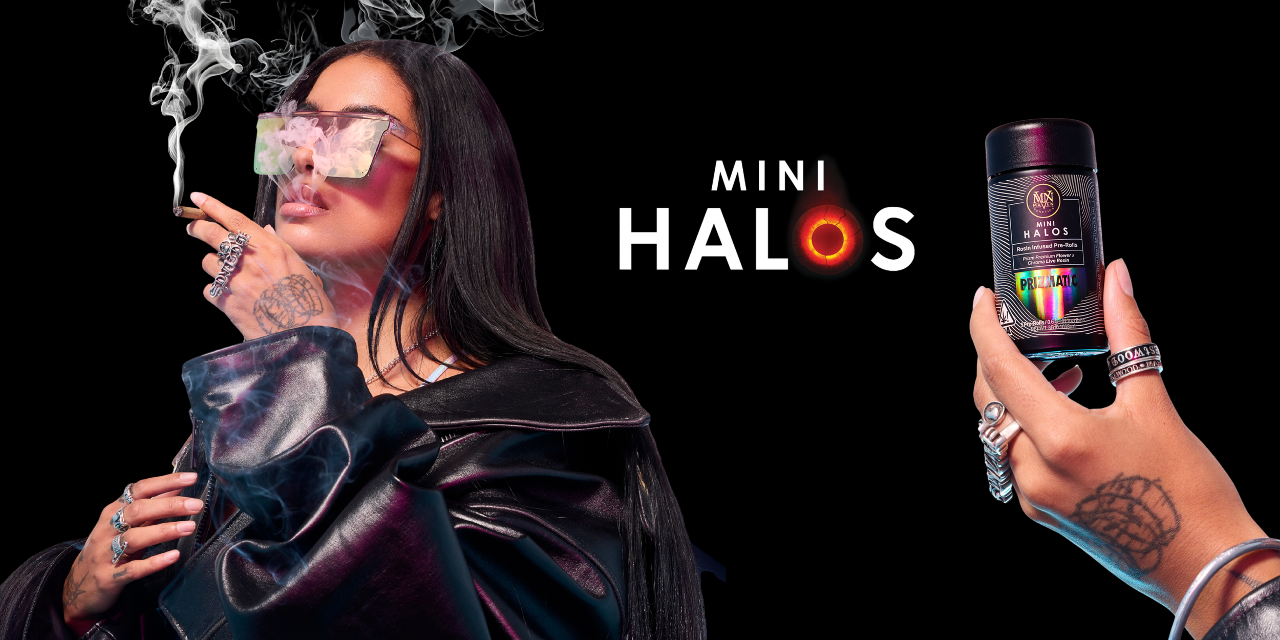 A woman with long dark hair, wearing reflective sunglasses, dressed in a shiny black leather jacket, smoking a rosin-infused preroll next to the words 'Mini Halos'.