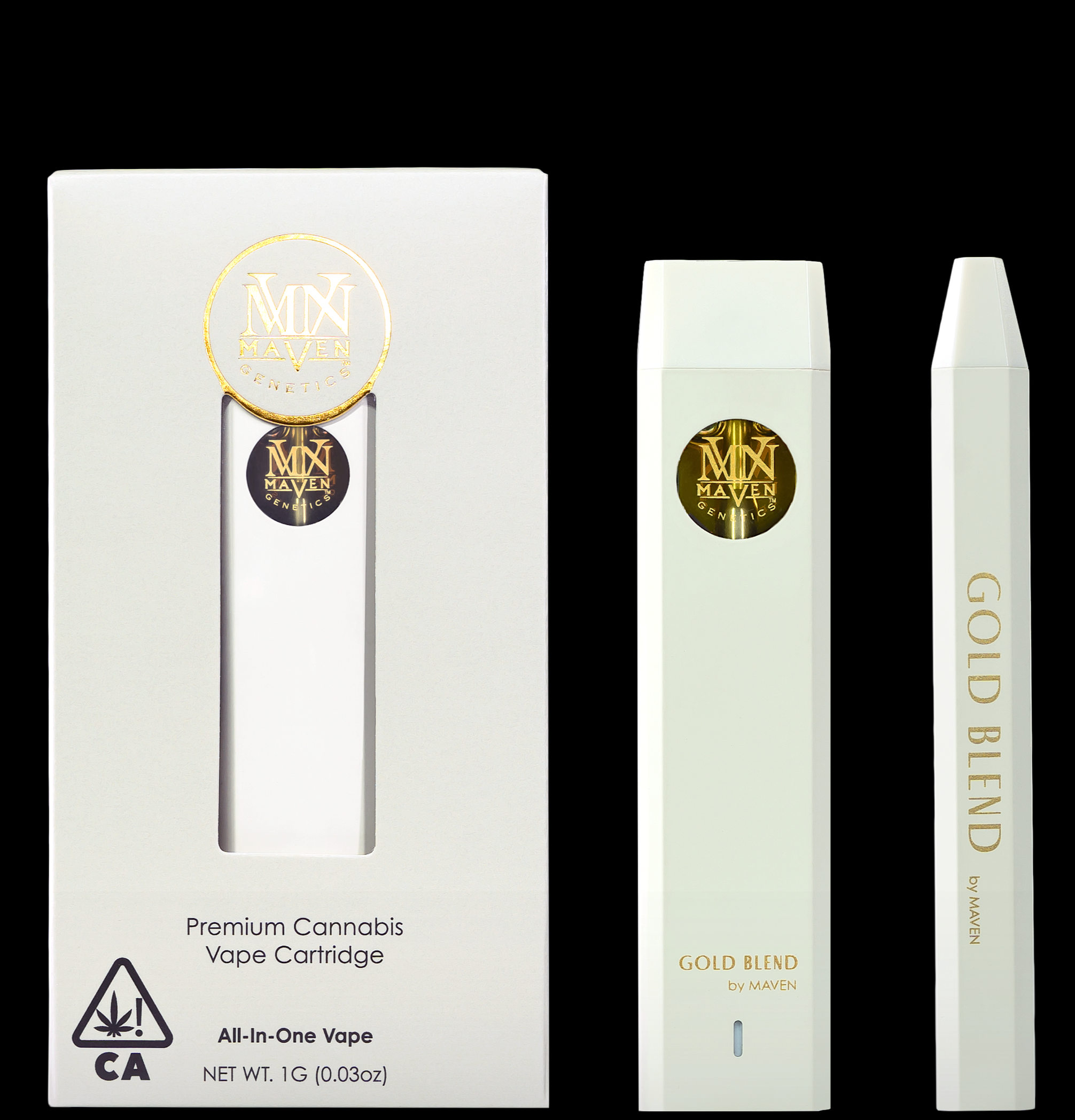 White cannabis vape cartridge box and two vape pen devices with gold logos, one labeled 'GOLD BLEND' by MAVEN, against a black background.