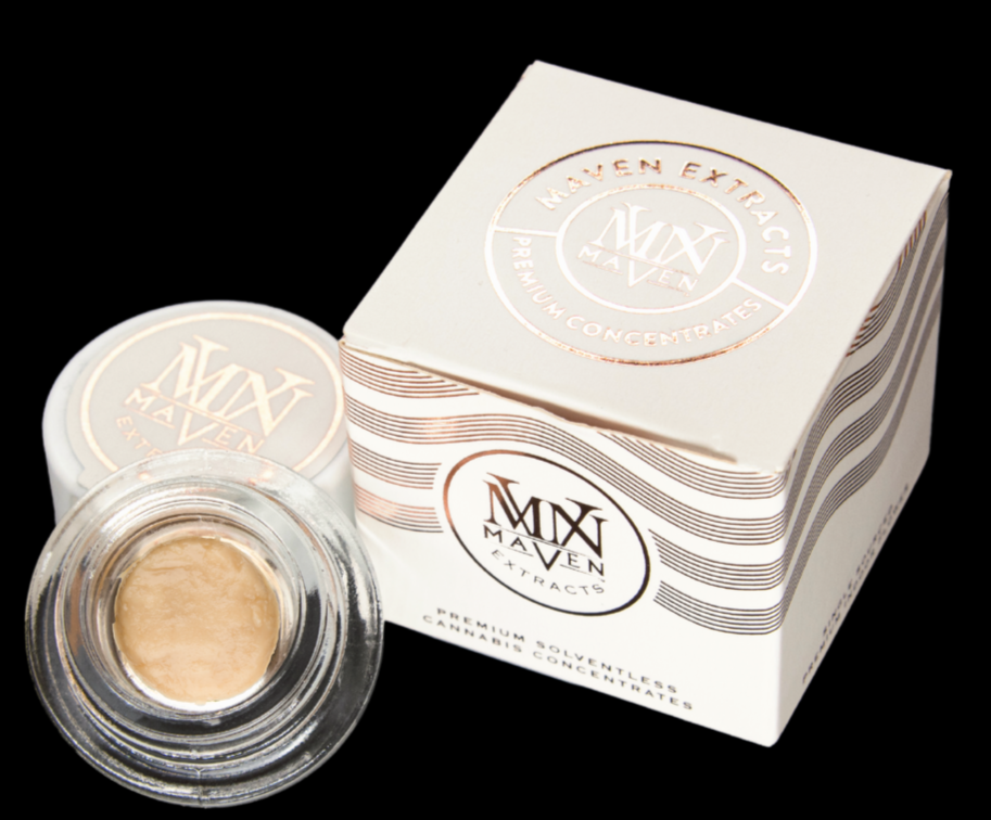 A small jar of cannabis concentrate and a white box labeled 'Maven Extracts' in gold lettering with a lid showing the same branding.