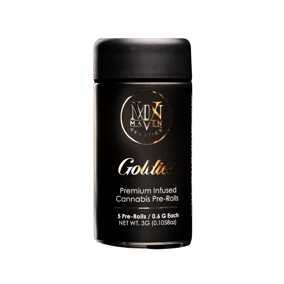 A black cylindrical container of Maven Genetico Goldies, premium infused cannabis pre-rolls, with the product name in gold and white text, placed on a black background.