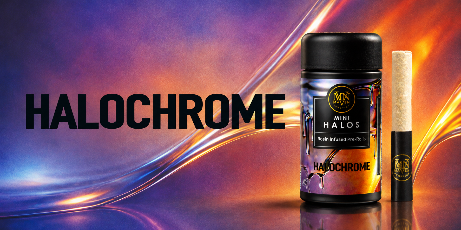 Packaging of a product named HALOS featuring a holographic design with the word HALOCHROME in large black letters and a smaller black and white label with details about the product, which includes hand-crafted rosin infused pre-rolls with a chrome dome premium flower and a mix of flower and rosin.