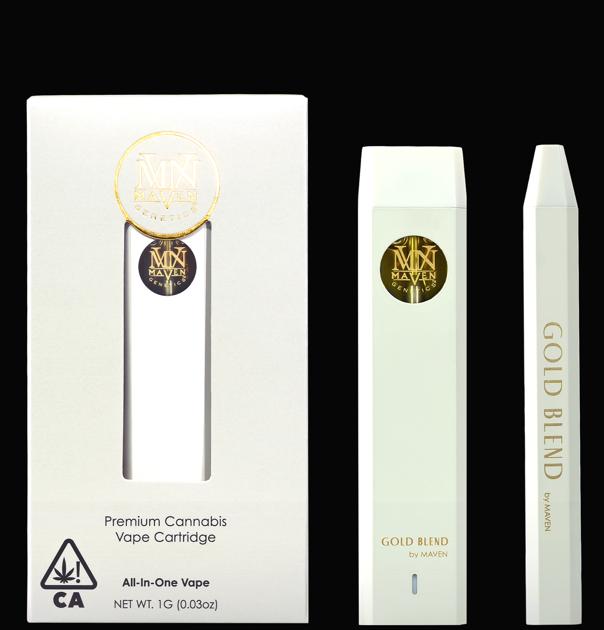 A Gold Blend cannabis vape cartridge by Maven Genetics, with white packaging and gold branding accents.