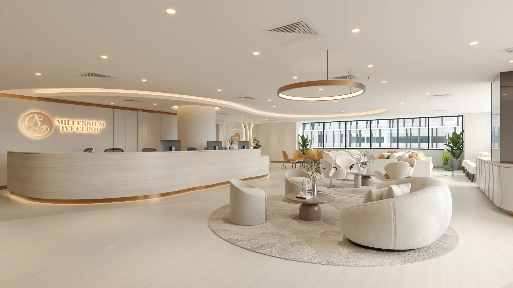 Modern hospital lobby with a reception desk, plush seating, large windows, and greenery.