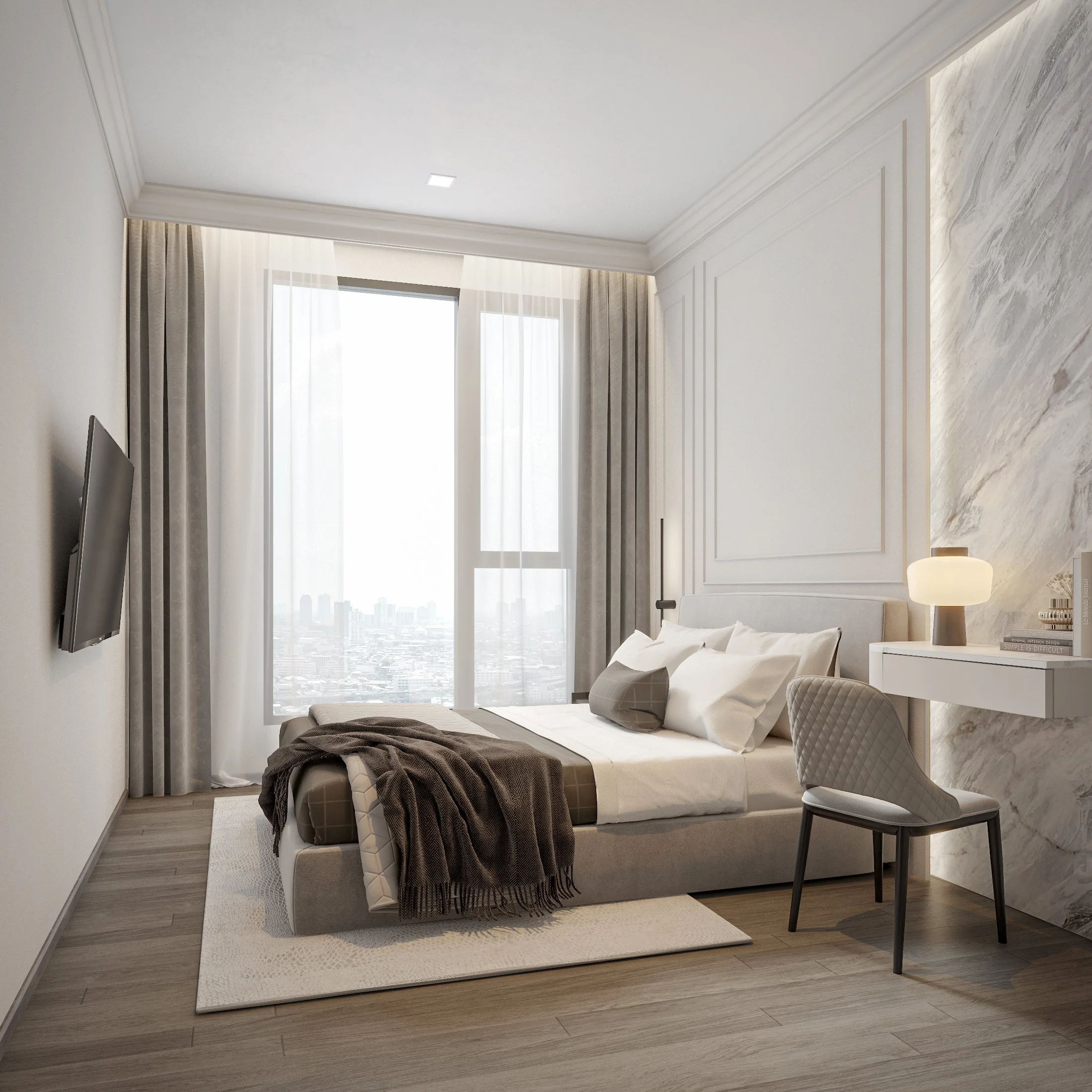 A modern, minimalist bedroom with a large window, white walls, a flat-screen TV on the left wall, a bed with white and gray pillows, a brown throw blanket, a small white desk with a lamp and books, and a gray patterned chair.
