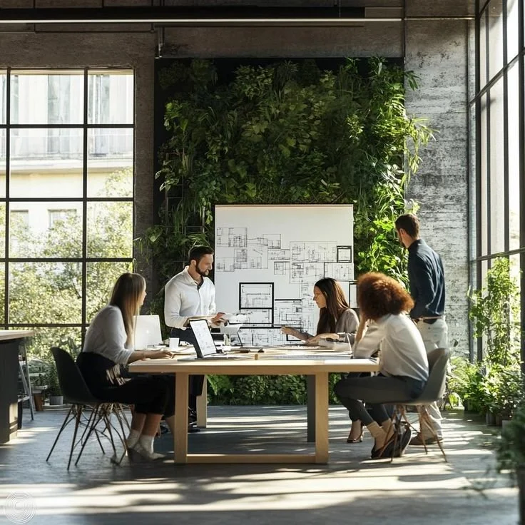 Business meeting in a modern office with five people gathered around a table with laptops and documents, large windows, and a green wall background.
