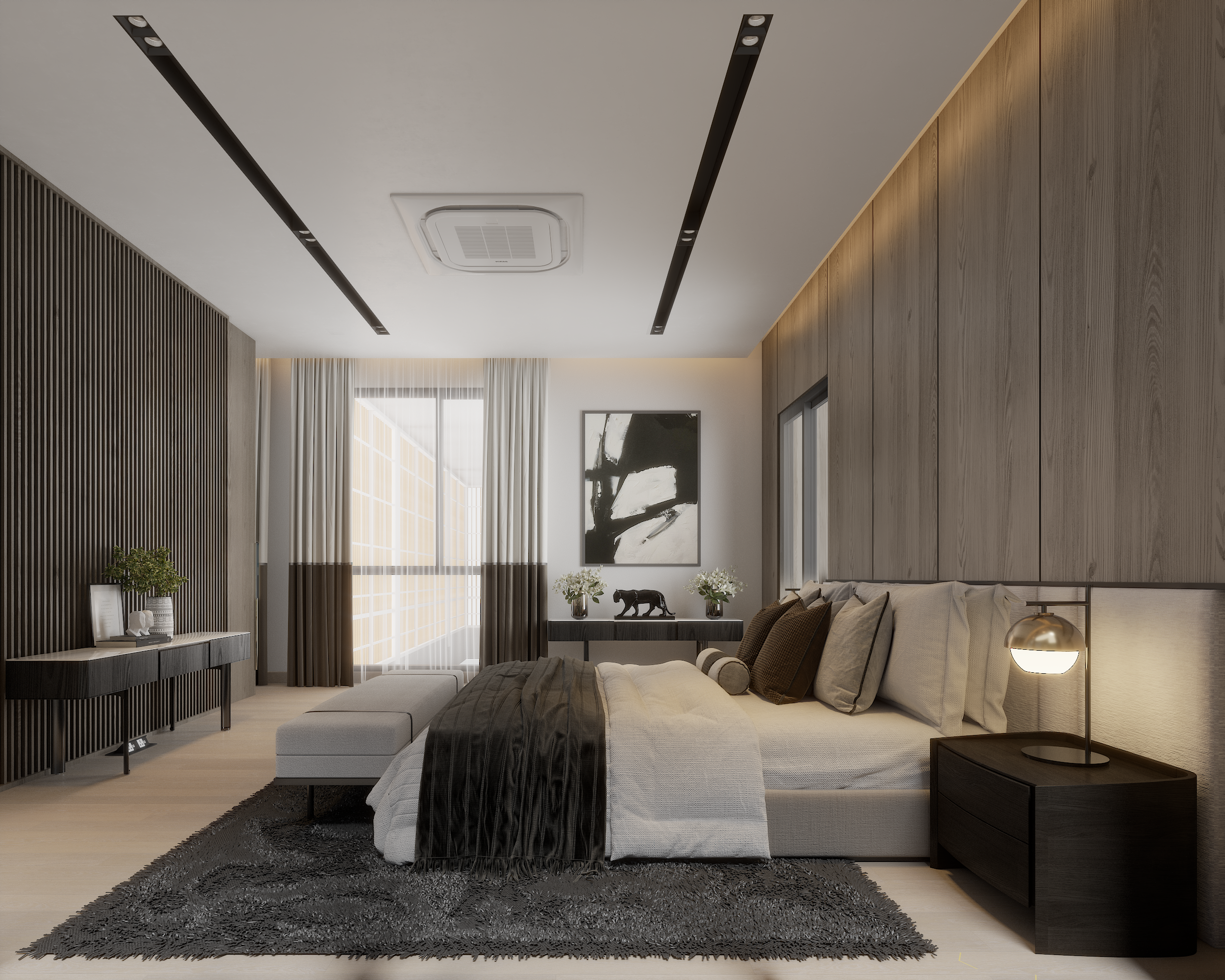 Modern bedroom with a large bed, black nightstand with a lamp, dark wood accent wall, beige and brown pillows, artwork on the wall, curtain window, and minimalist decor.