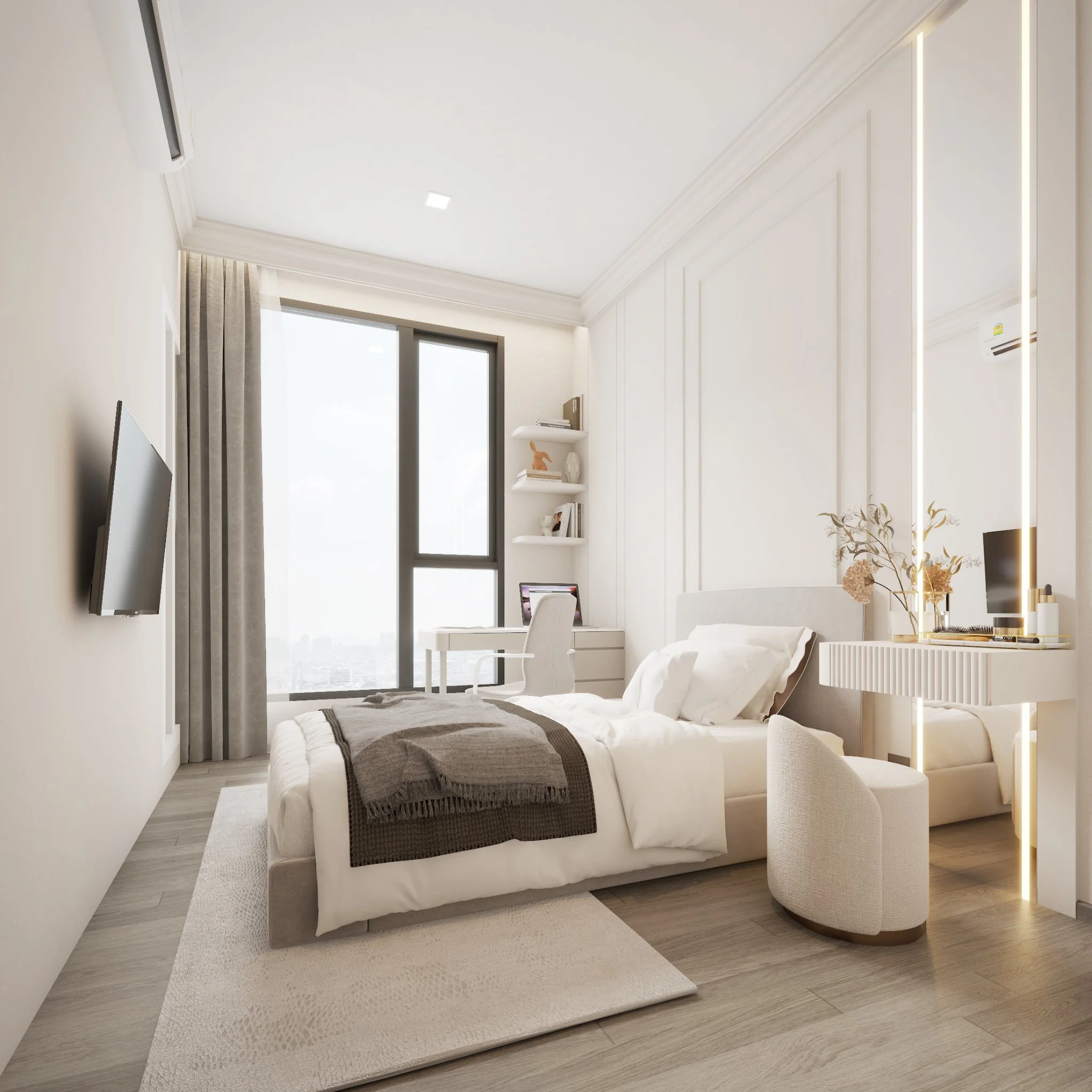 Modern minimalist bedroom with a white bed, beige armchair, wall-mounted TV, desk near large window, and decorative shelves.
