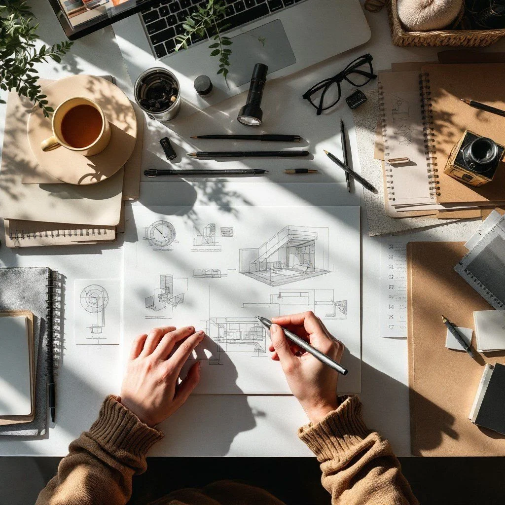 A person drawing architectural sketches on paper at a cluttered desk with books, a mug, glasses, a camera, and various stationery items, with sunlight casting shadows.