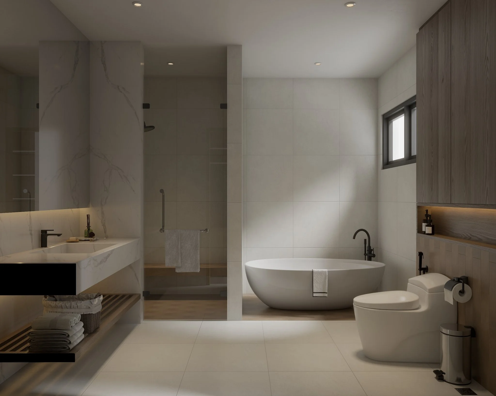 Modern bathroom with a bathtub, toilet, sink, and a walk-in shower with glass door, neutral tones, and natural light from a small window.