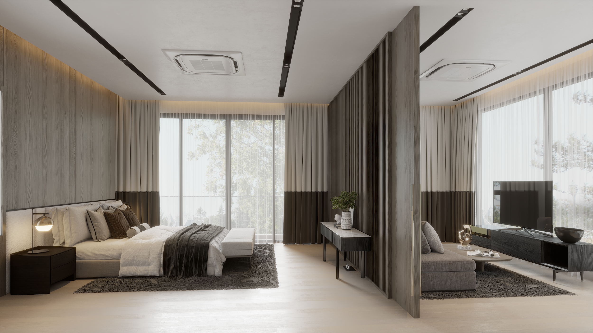 Modern bedroom with a bed, nightstand, and lamp on the left; a living area with a sofa and TV on the right, separated by a partial wall; large windows with sheer curtains letting in natural light.