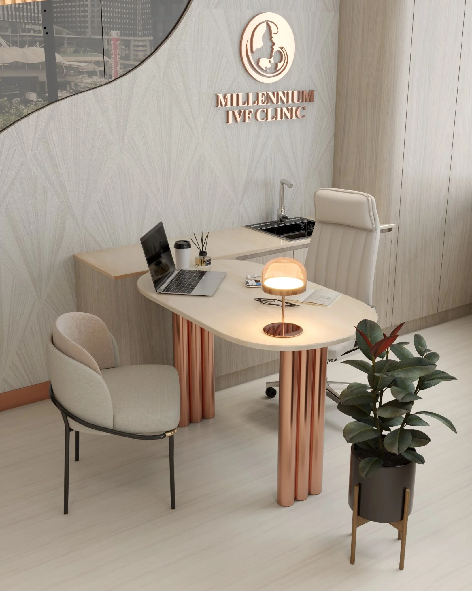 Office space with a white desk, laptop, chair, potted plant, and a sign for Millennium IVF Clinic on the wall.
