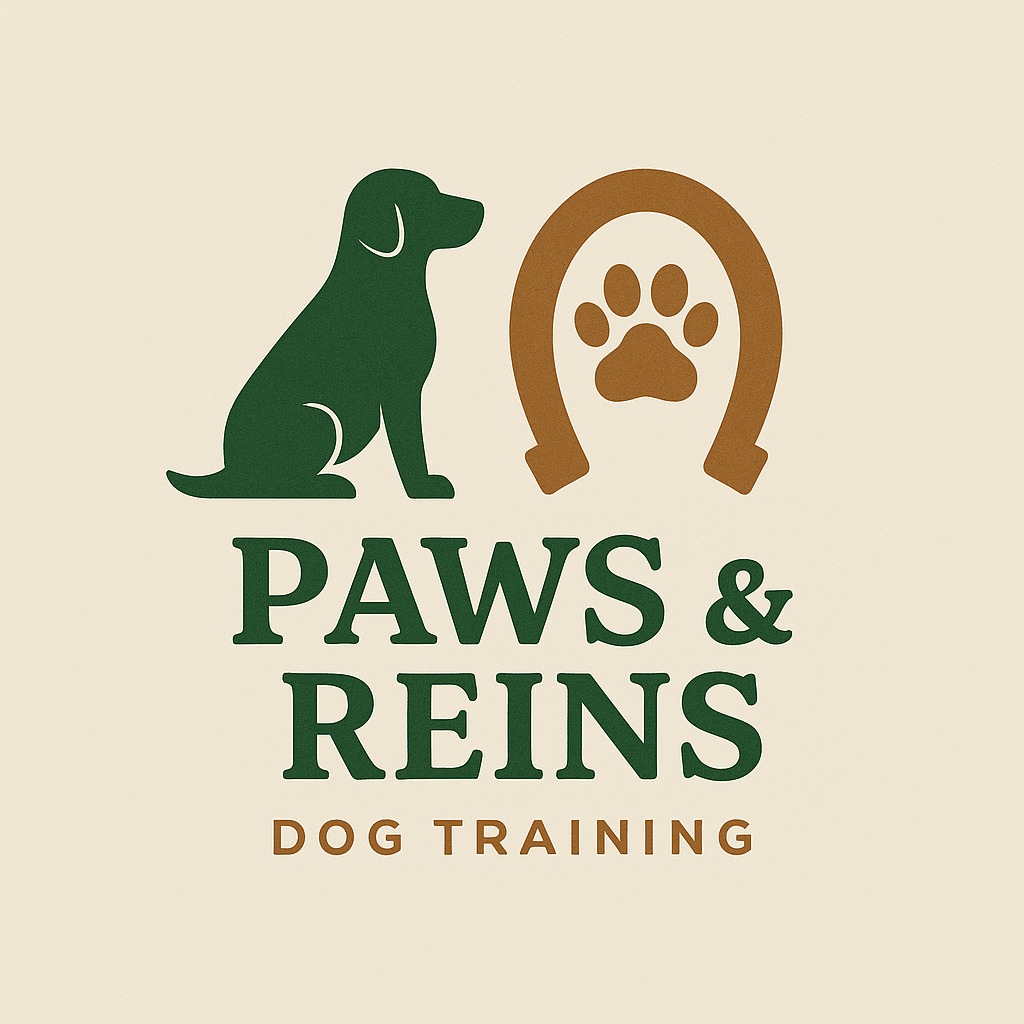 Logo for Paws & Reins Dog Training featuring a green dog sitting and a brown horseshoe with a paw print in the center, beige background.