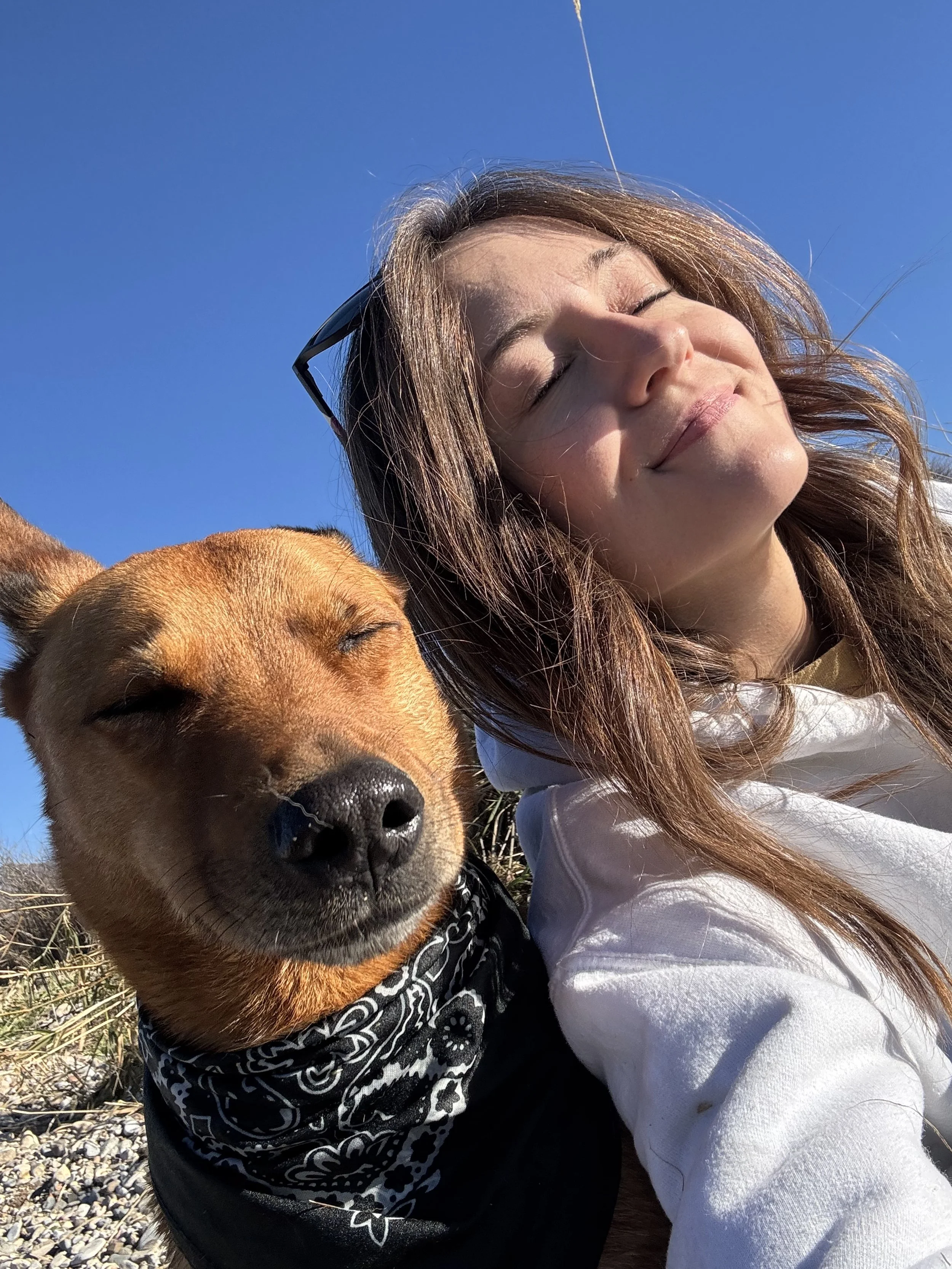 A woman and a dog with closed eyes, enjoying sunlight outdoors against a clear blue sky.