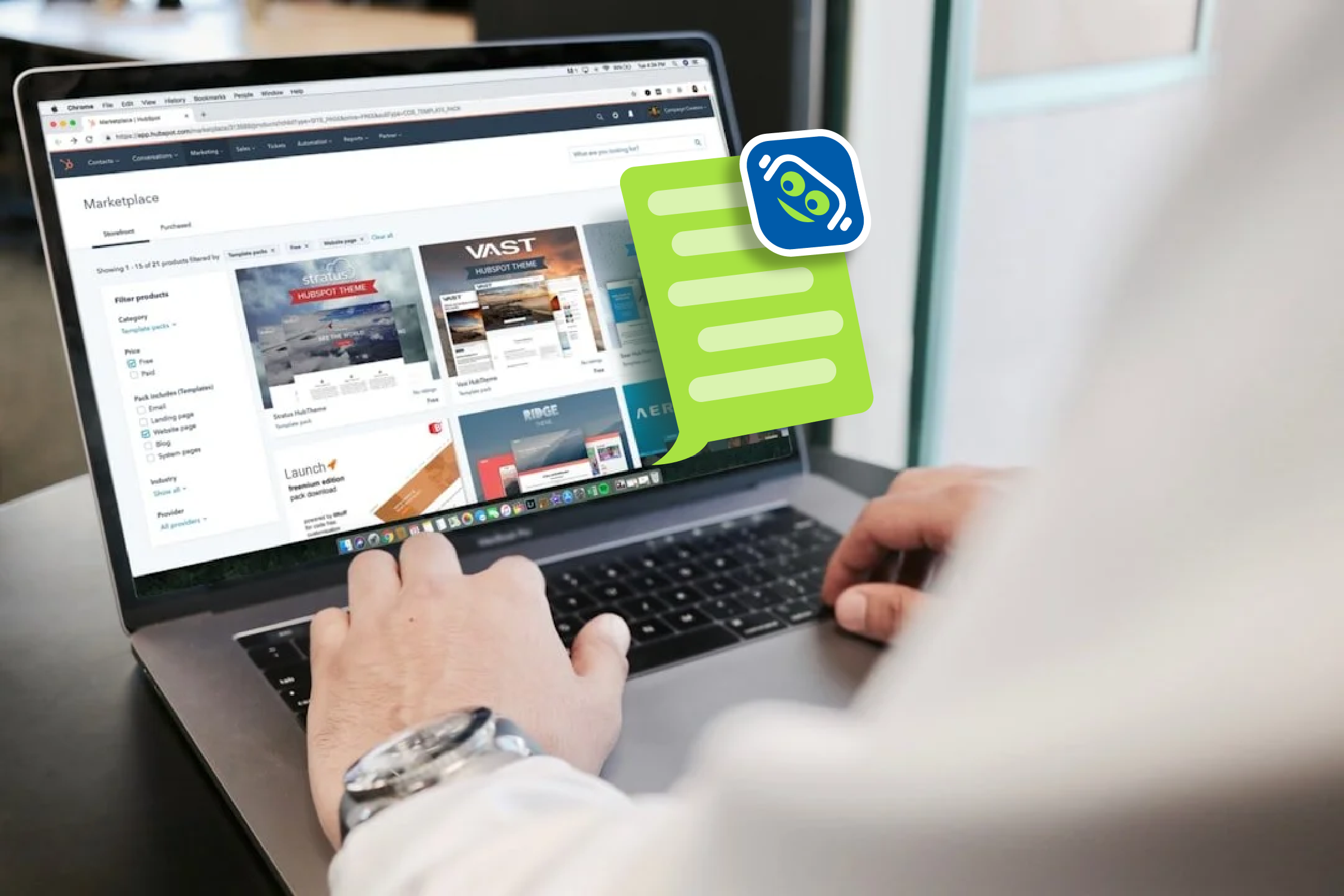 Person browsing an online marketplace on a MacBook laptop with chat stickers overlaid.