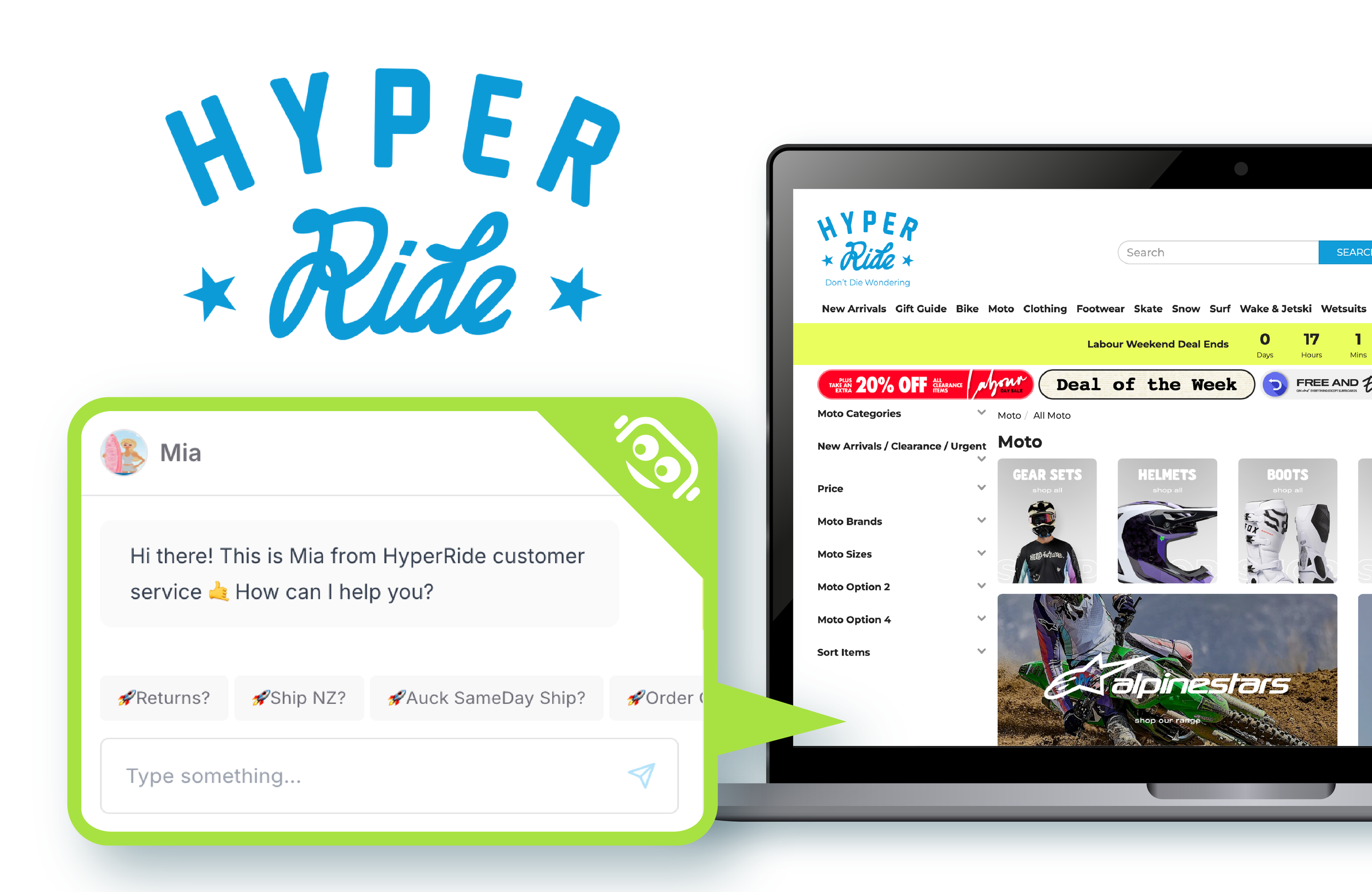 A digital illustration featuring the Hyper Ride logo at the top, a conversation window with a customer service representative named Mia on the left, and a screenshot of the Hyper Ride website on the right displaying various categories of bike gear and accessories.