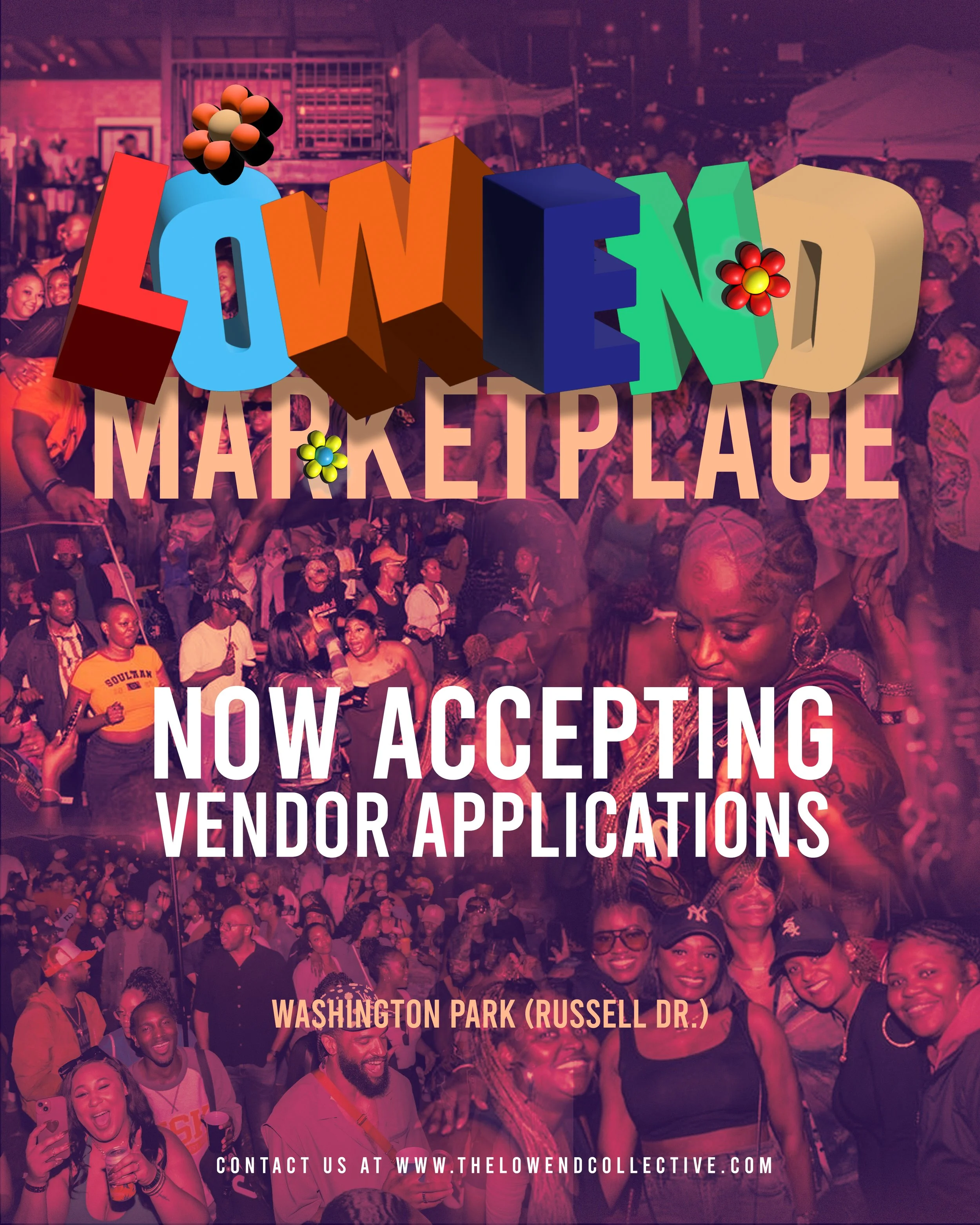 Group of people gathered at Washington Park (Russell Dr.) for a vendor applications event, smiling and engaging with each other at night.