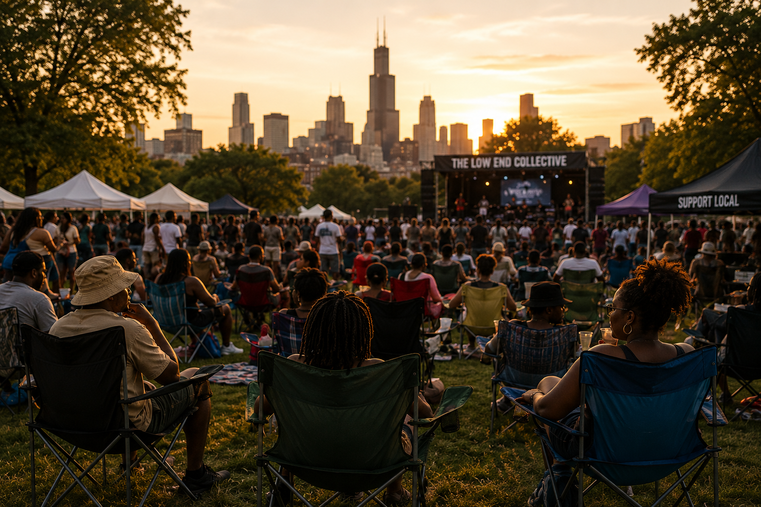 People attending an outdoor concert at sunset in a park with city skyline in the background, seated on lawn chairs and enjoying live music.