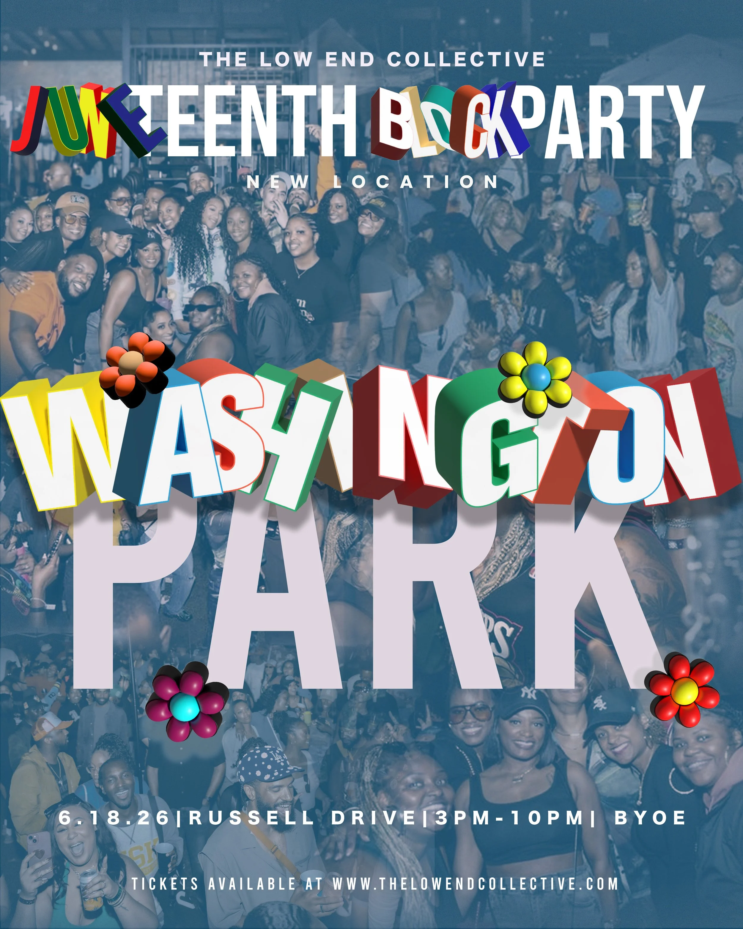 A promotional poster for an event called Juicy Youth Block Party organized by The Low End Collective, featuring photos of people enjoying an outdoor gathering with colorful balloons and text providing event details including date, location, time, and ticket information.