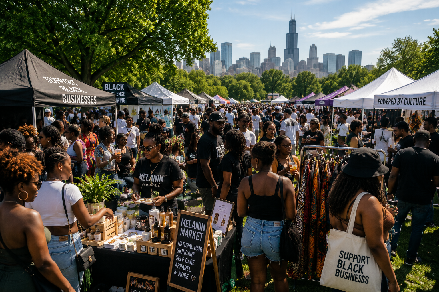 Crowd of people at an outdoor marketplace with vendor tents and city skyline in the background, promoting support for Black-owned businesses.