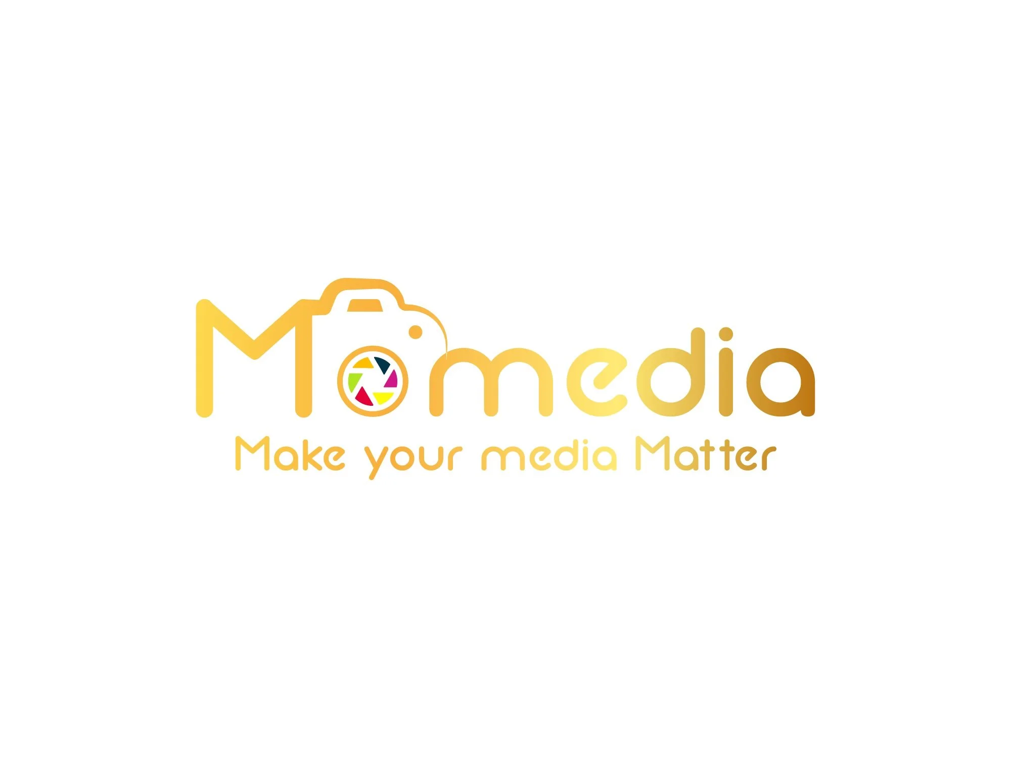 Logo of Momedia with a camera icon and colorful camera lens, and the tagline 'Make your media Matter' in yellow and brown text.