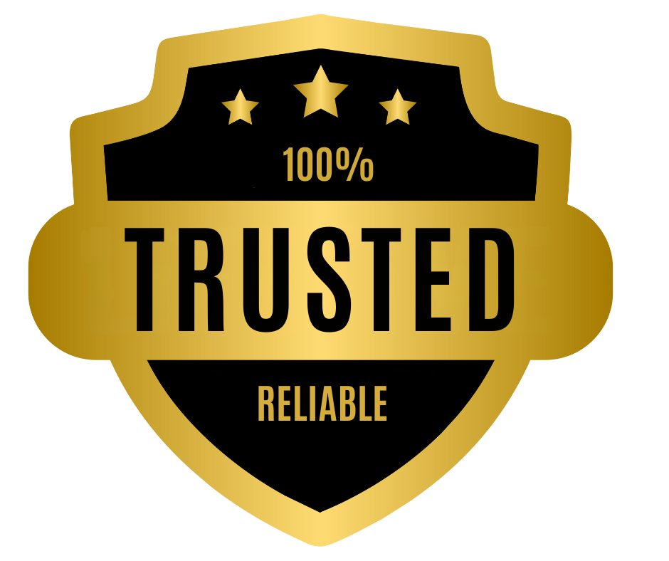 Gold and black badge with stars, the text "100% TRUSTED" and "RELIABLE".