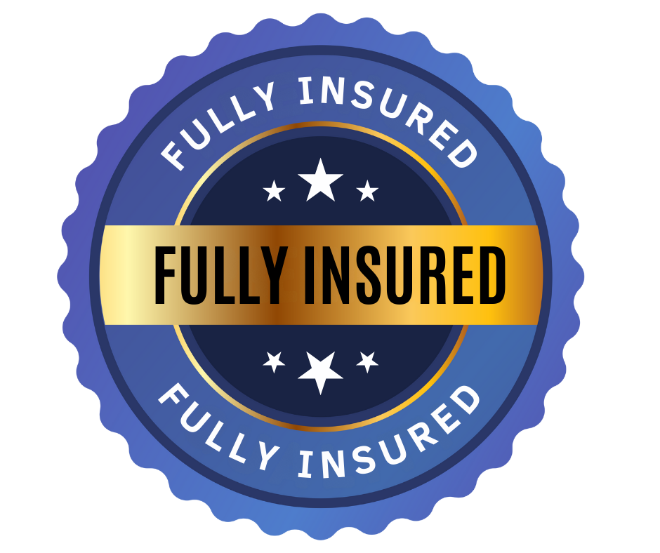 A circular badge with a blue scalloped border, gold accents, and the words "Fully Insured" repeated around the circle, with a central gold banner reading "Fully Insured" and white stars above and below.