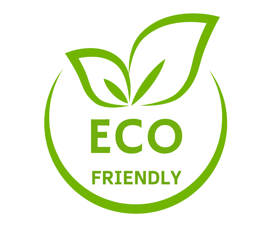 Green logo with a stylized leaf above the words "ECO FRIENDLY" inside a circular outline, indicating environmentally friendly or sustainable practices.