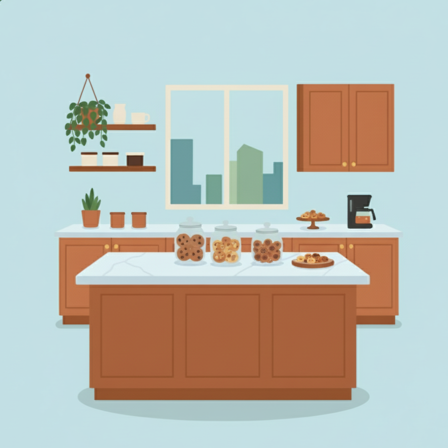Kitchen with brown cabinets, a white countertop, cookie jars on the island, a coffee maker, and a window showing city buildings.