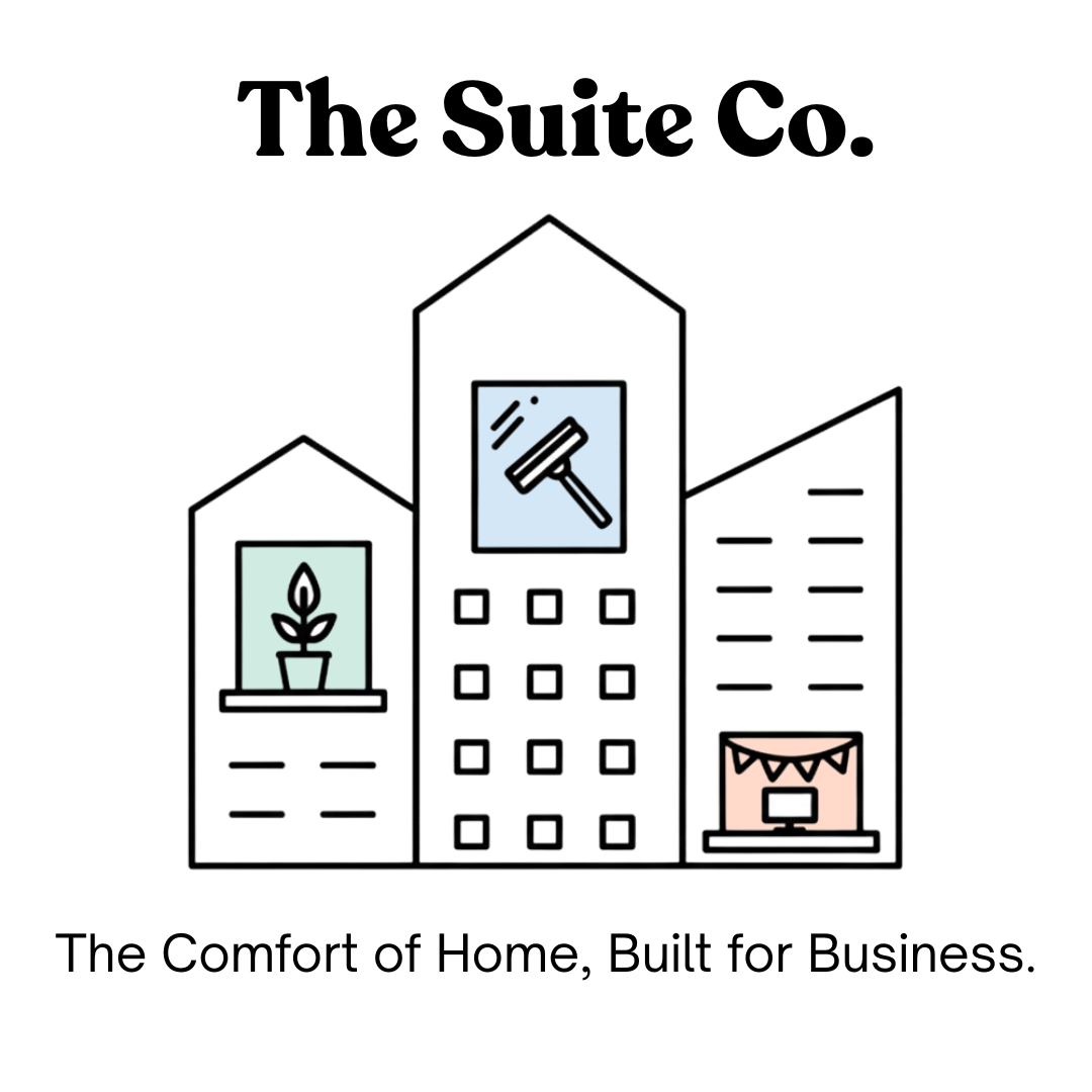 Line drawing of three connected buildings with icons: a plant, window cleaning, and a decorated office.
