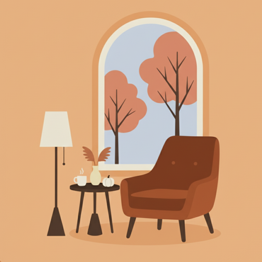Cozy living room corner with an armchair, a side table with a white pumpkin, a vase with branches, a steaming mug, a floor lamp, and large window showing trees with orange leaves outside.