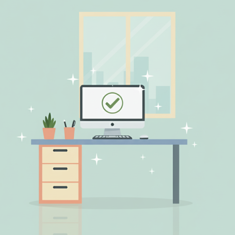 A tidy workspace with a desk, a computer showing a checkmark, a potted plant, and two pens in a holder, against a window with a cityscape view.