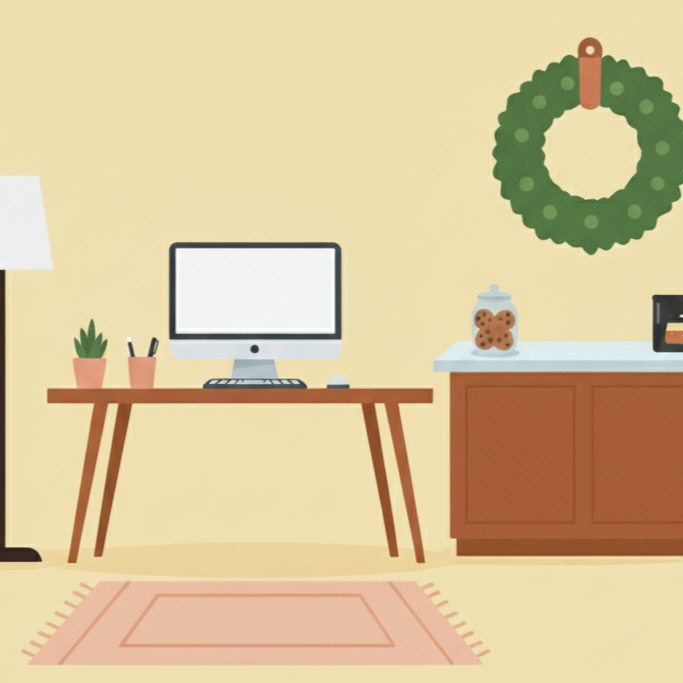 Living room with a desk, computer, potted plants, a cabinet with cookies and a wreath on the wall.