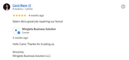 Screenshot of a positive online review for a fencing repair service, featuring star ratings and a thank you message.