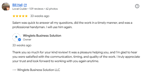 Screenshot of a Google review for Winglets Business Solution, including a reply from the business owner expressing appreciation for the positive feedback.