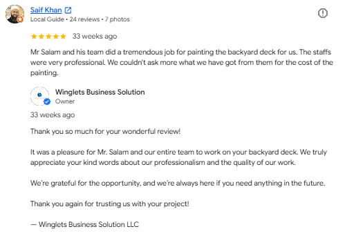 Screenshot of a positive review for a backyard deck painting service, praising professionalism and quality work.