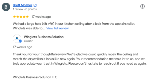 Screenshot of a Goggle review about a ceiling repair after a leak.