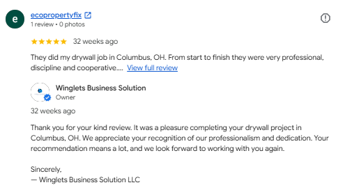 Customer review of a drywall job in Columbus, Ohio, praising professionalism and quality work, posted on Ecoproppertyfix by Winglets Business Solution.