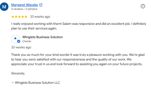 Screenshot of a Goggle review and response between Margaret Waceke and Winglets Business Solution.