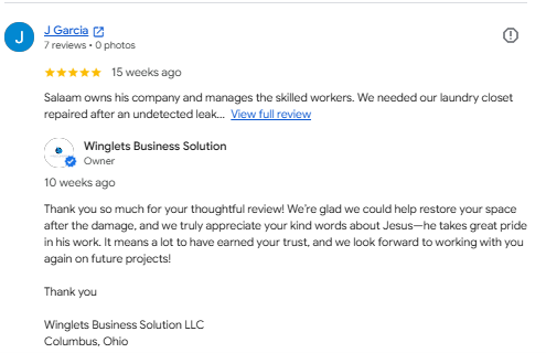 Screenshot of a customer review on Winglets Business Solution's Google profile praising their work in repairing a laundry closet after an leak, with five-star rating.