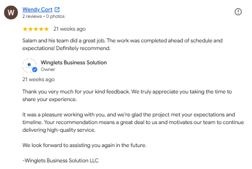 Screenshot of a Google review from Wendy Cort praising Winglets Business Solution for their excellent work and customer service.