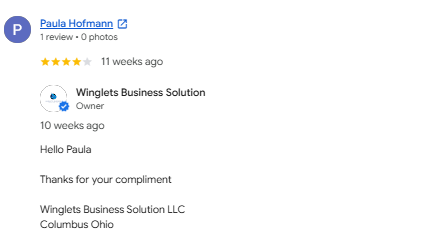 Screenshot of a Google review from Paula Hofmann for Winglets Business Solution, mentioning appreciation and their location in Columbus, Ohio.