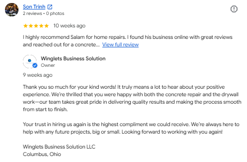 Screenshot of a Google business review for Salam with a five-star rating, mentioning happy experience with concrete repair and drywall work, from Son Trinh, with a response from Winglets Business Solution thanking for the trust.