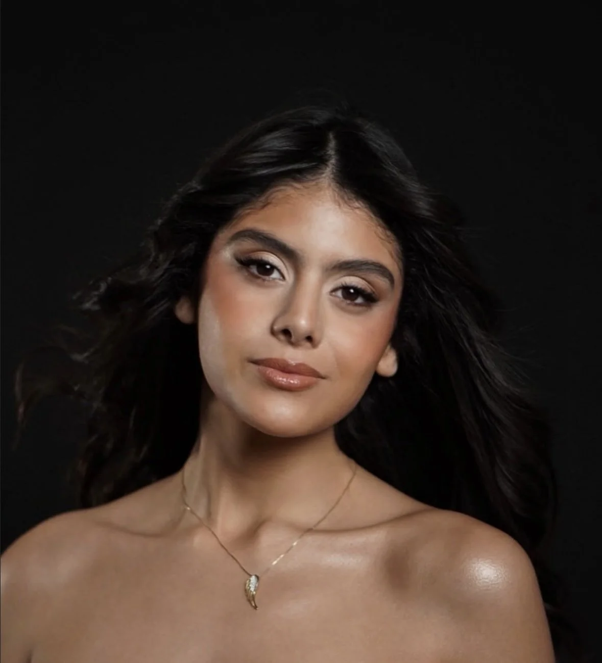 Tan skinned girl with dark hair blowing in wind with flowy cheeks