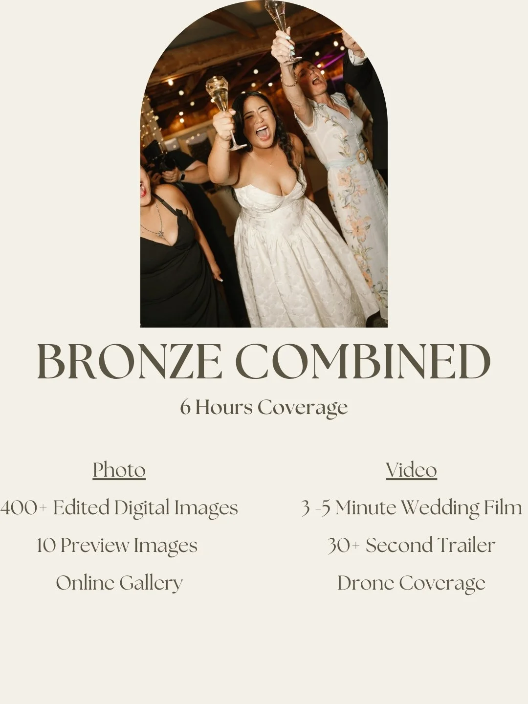 Group of women celebrating at a wedding reception, holding champagne glasses and smiling, with festive lighting and a wooden ceiling in the background.