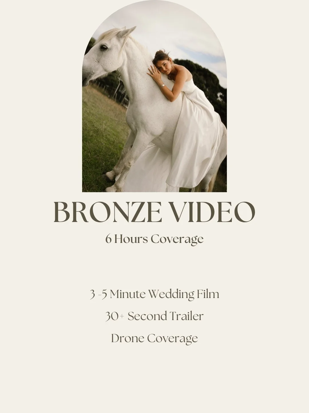 A woman in a white dress leaning on a white horse in a field with trees in the background, next to promotional text for a "Bronze Video" package offering filming and drone coverage for weddings.