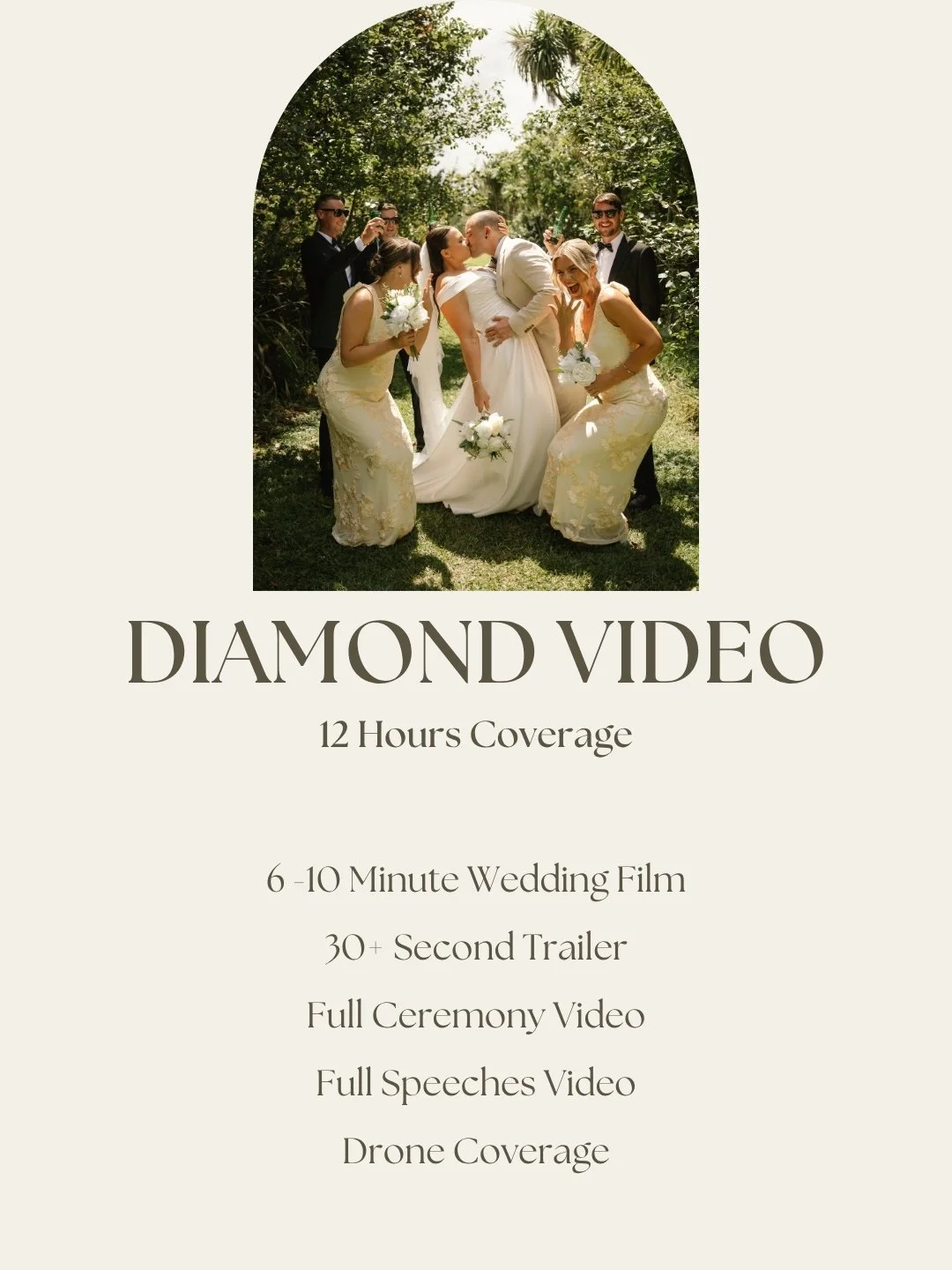 Wedding photo with a bride and groom kissing, surrounded by bridesmaids and groomsmen in an outdoor setting with lush greenery.
